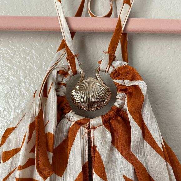 Lulus‎ Dress Womens Small Orange Cream Kalena Maxi Halter Pleated Palm Tree Boho - Picture 7 of 15